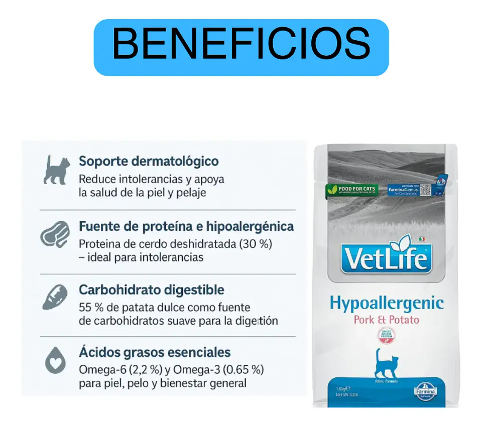 Vet Life Farmina Alimento Seco Hipoalergénico Gatos Cerdo Papa 2kg 3