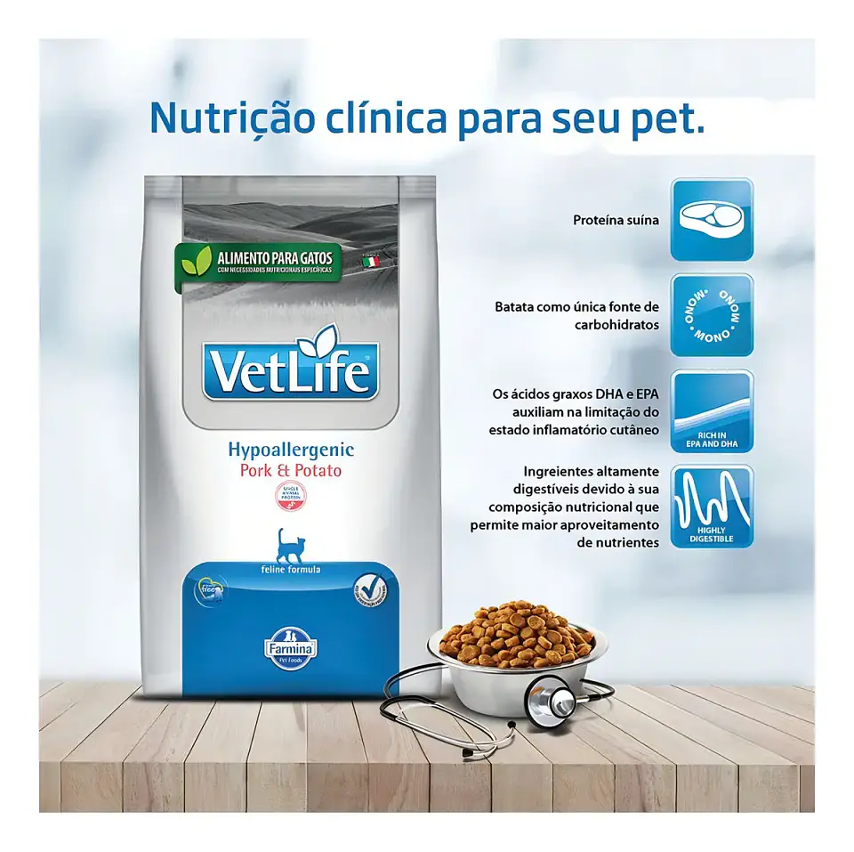 Vet Life Farmina Alimento Seco Hipoalergénico Gatos Cerdo Papa 2kg 4