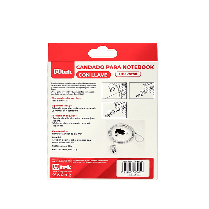Candado para notebook slot universal con llave, 1,8mts de largo y 4mm espesor / UT-LK020K 3