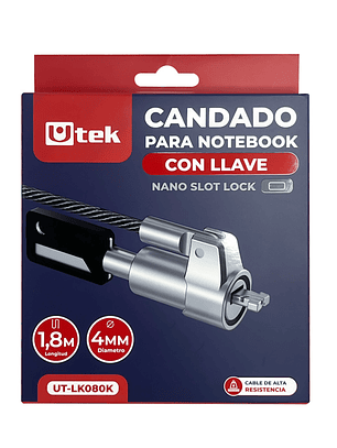 Candado para notebook slot NANO con llave, 1,8mts de largo y 4mm espesor / UT-LK080K