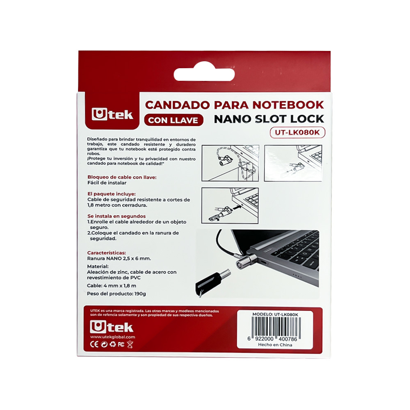 Candado para notebook slot NANO con llave, 1,8mts de largo y 4mm espesor / UT-LK080K 2