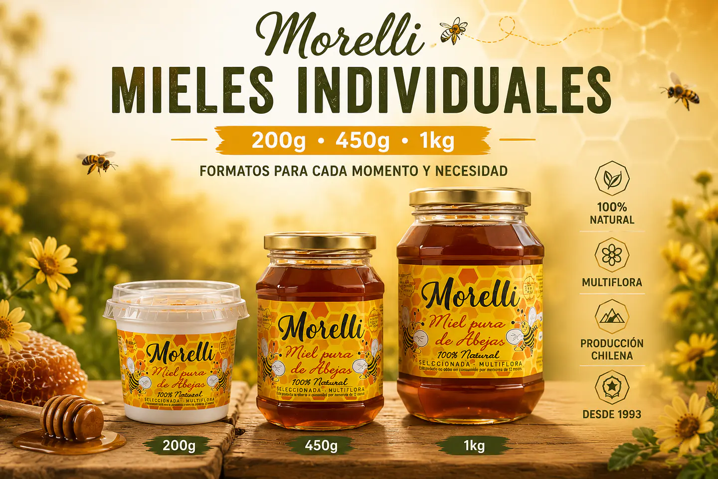 Miel natural Morelli en diferentes tamaños