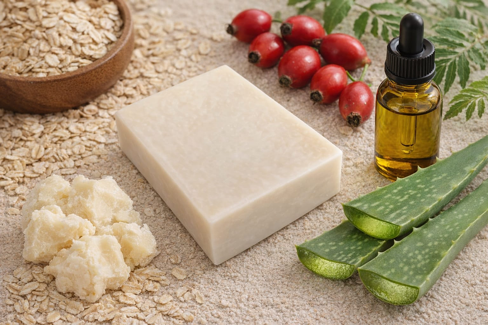 Jabón Psoriasis de Avena, Rosa mosqueta, Karité, Aloe vera y Tea tree 1