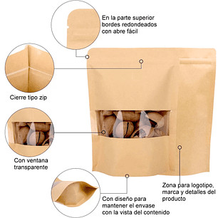 Set 100 bolsas doypack kraft con ventana 12x20 cm
