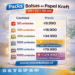 Pack bolsas de papel kraft 30x22x10 cm