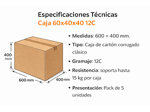 Pack 5 cajas de cartón 60x40x40 cm + cinta embalaje 