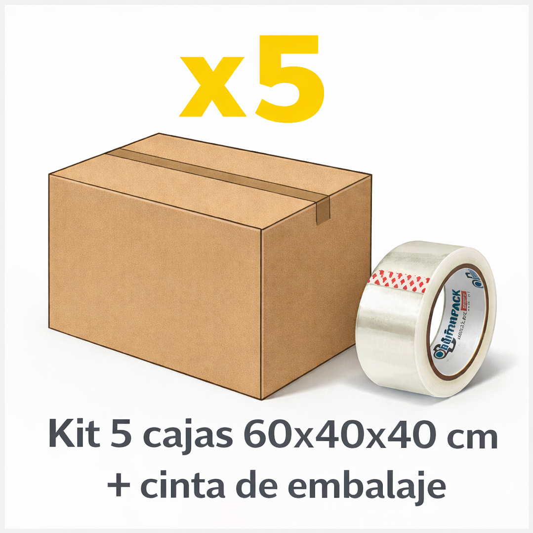 Pack 5 cajas de cartón 60x40x40 cm + cinta embalaje  1