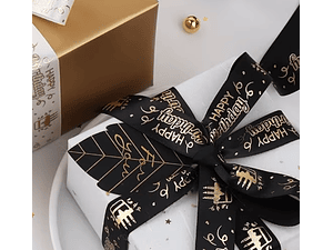 Cinta de regalo de satín feliz cumpleaños 4.6 metros negro con dorado