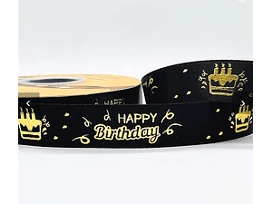 Cinta de regalo de satín feliz cumpleaños 4.6 metros negro con dorado