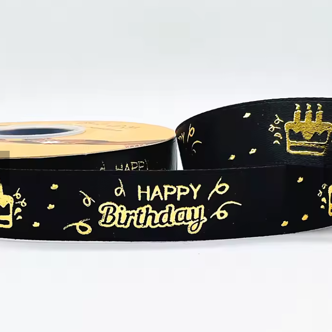 Cinta de regalo de satín feliz cumpleaños 4.6 metros negro con dorado 2