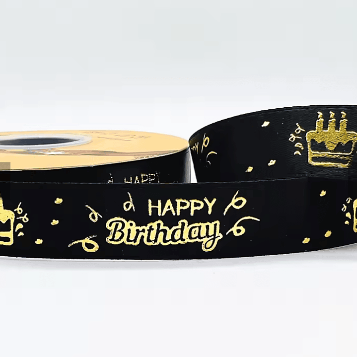 Cinta de regalo de satín feliz cumpleaños 4.6 metros negro con dorado 2