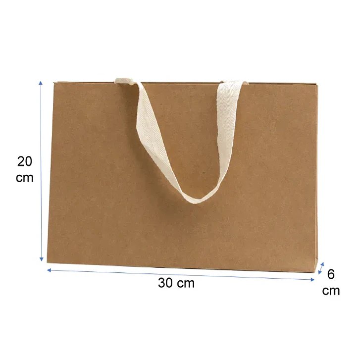 pack 50 Bolsas De Papel kraft premium 30X20X6 cm con manilla de algodón tejido 1