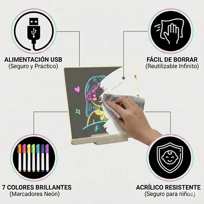 Pizarra Mágica Led Luminosa Acrílica+7 Plumones Neón 30x20cm 5