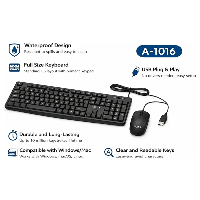 Teclado Mouse Aoas Combo  Alámbrico Usb Negro A-1016 Estandar 2