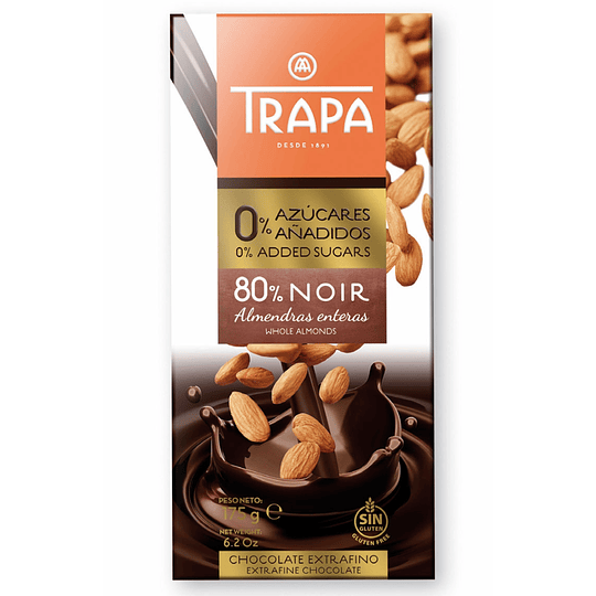 Chocolate Noir 80% con Almendras enteras 175gr, Trapa