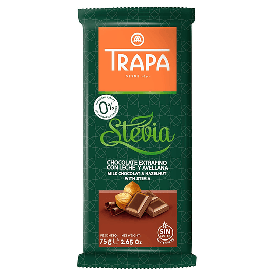 Chocolate con avellanas, leche y Stevia 75gr, Trapa