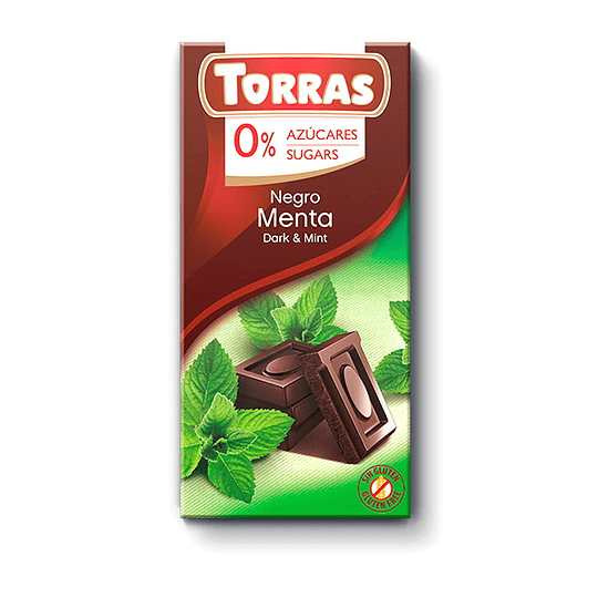Chocolate MENTA Torras, 46% Cacao, 75 g, Sin Azúcar, Sin Gluten