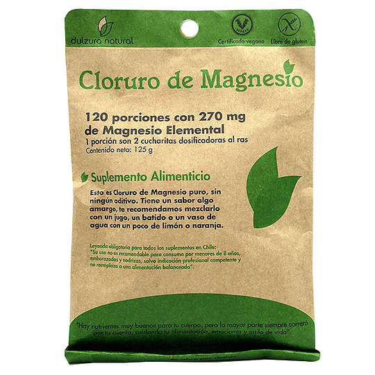 Cloruro de Magnesio en polvo, Dulzura Natural, 125g (120 porciones de 270mg) 