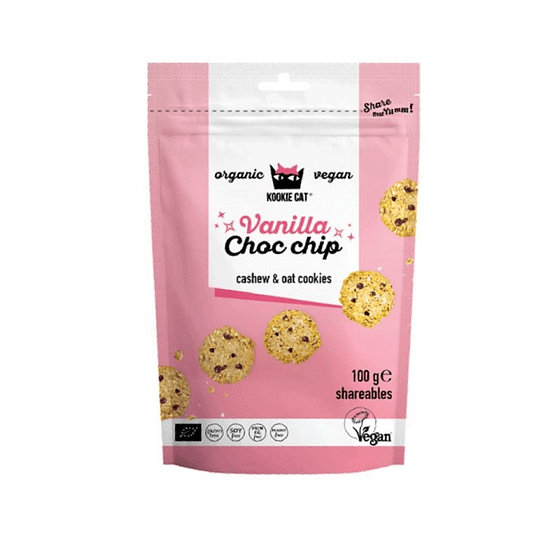 Mini galleta de vainilla y chips de chocolate organica,  100g, Kookie Cat