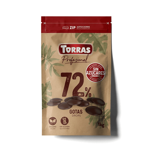 Chocolate cobertura, gotas sin azucar, 72% cacao, 1kg, Torras