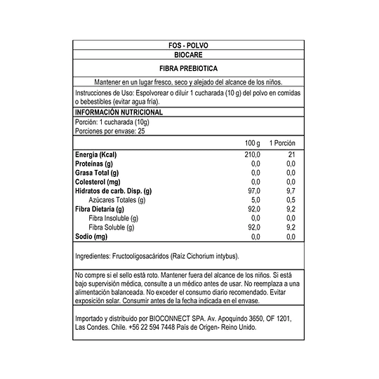 FOS - Fibra Prebiótica, 250g en polvo, Biocare