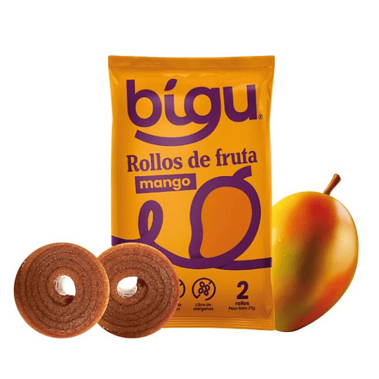 Yico, Rollos de Frutas,  mango 25g,  Marca Bigu snacks