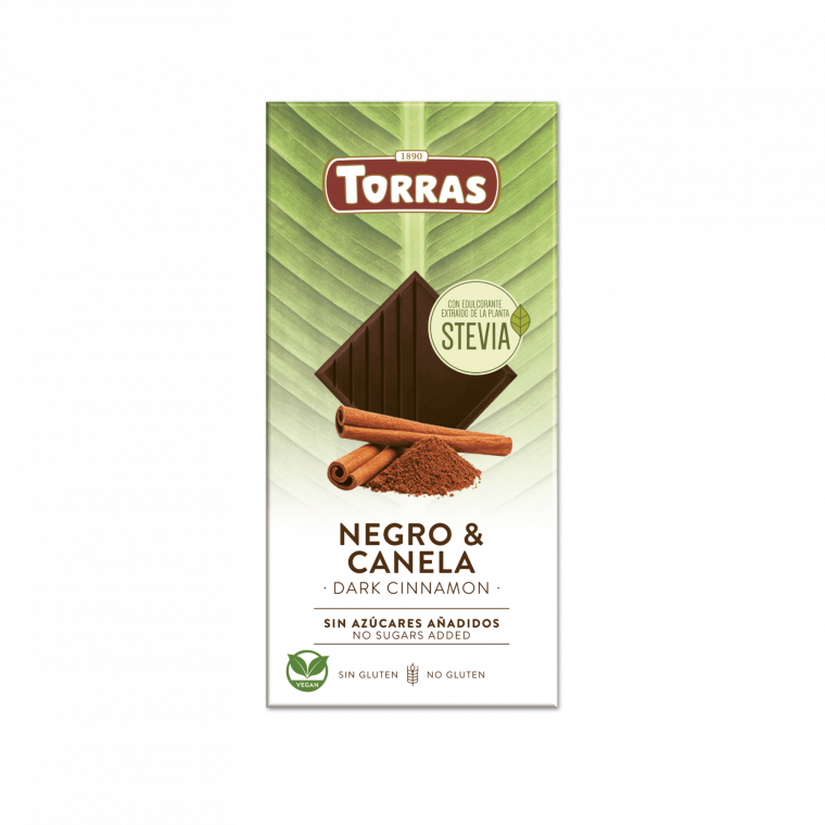 Chocolate negro con canela, 125g, sin azúcar añadida, sin gluten, Torras