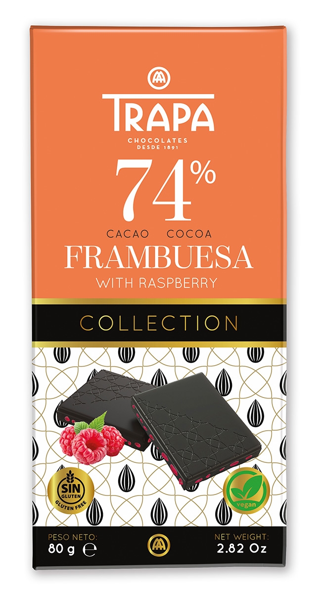 Chocolate 74% cacao,  Frambuesa, 80g, Trapa