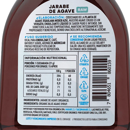 Jarabe de Agave RAW,  Manare 330ml