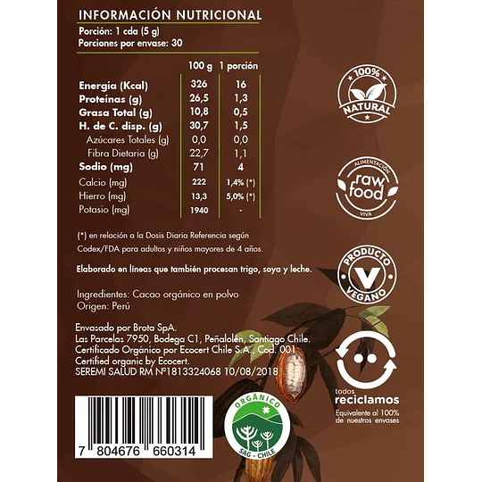 Cacao Orgánico En Polvo, 150g, Brota