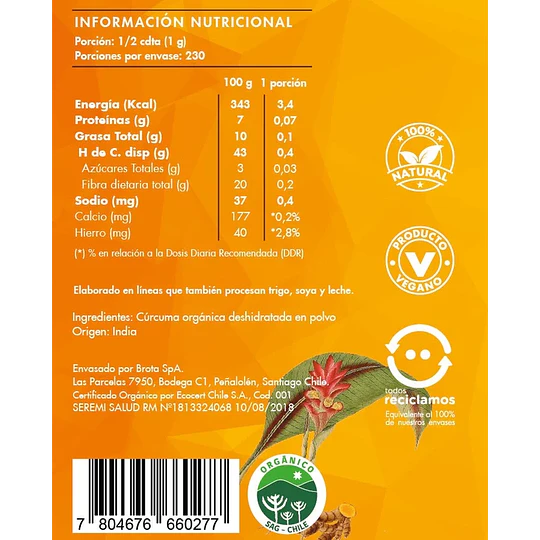 Curcuma orgánico,  en polvo, 230g, Brota