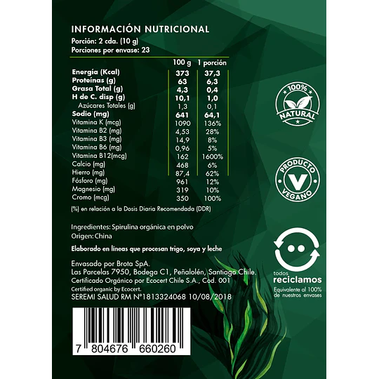 Spirulina orgánico, 230g, brota