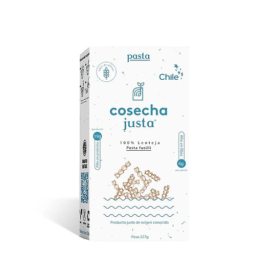 Pasta fusilli,  lenteja 227g, sin gluten, cosecha justa