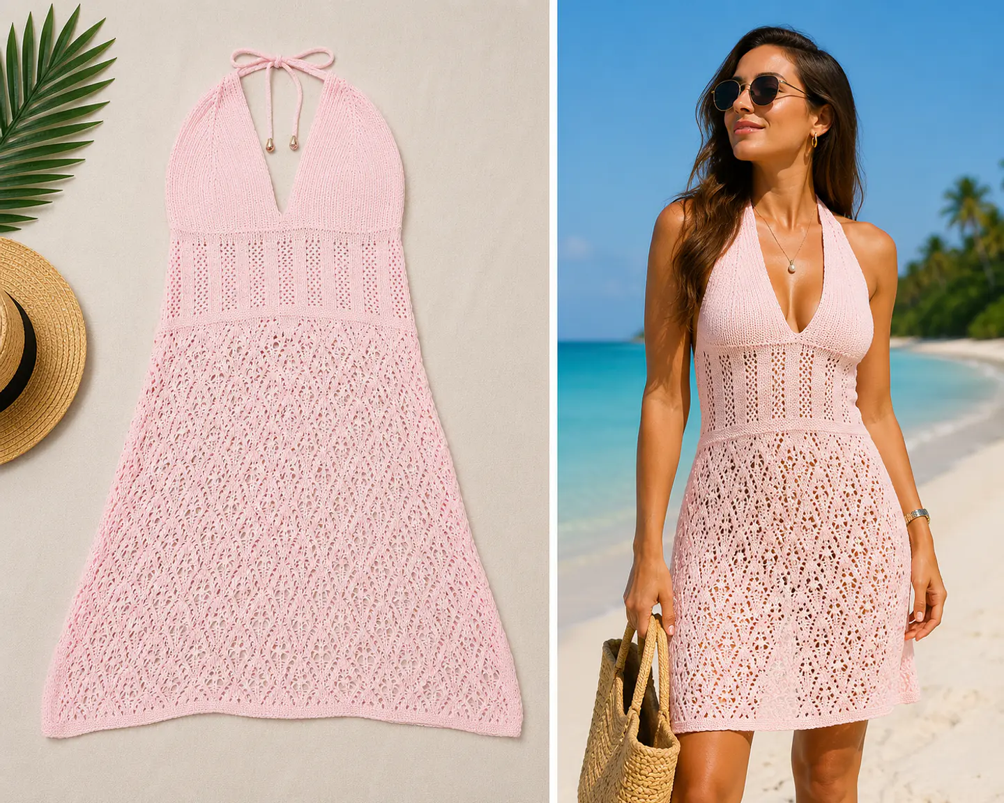 Vestido Playero Rosa estilo Crochet  1