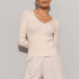 Camisola canelada com detalhe em renda Ferrache