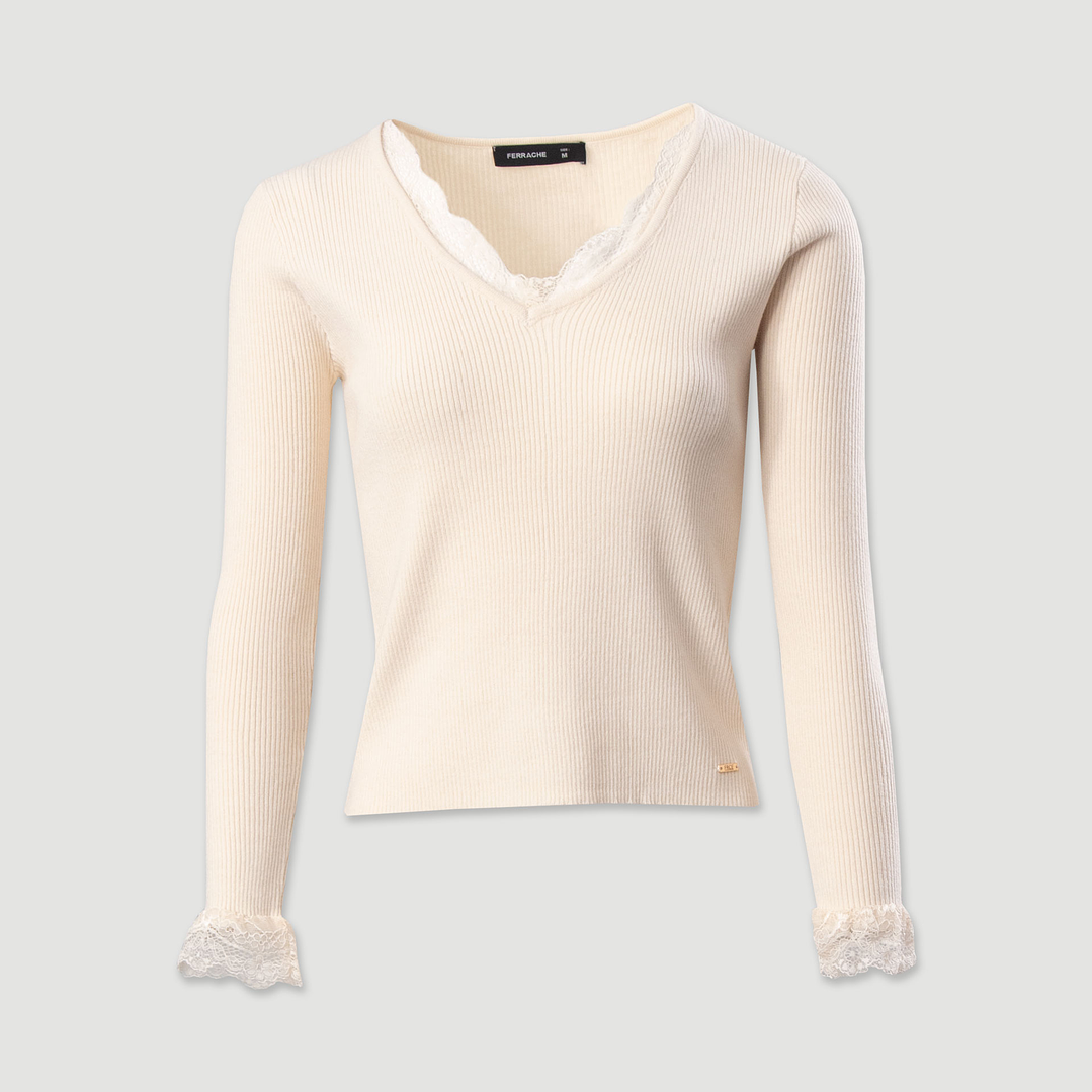Camisola canelada com detalhe em renda Ferrache 3