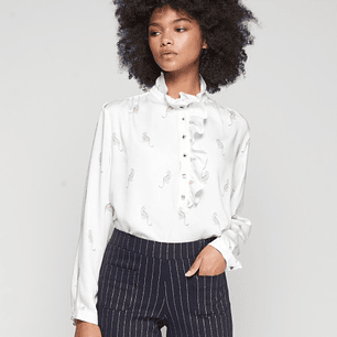 Equestrian print ruffled shirt back