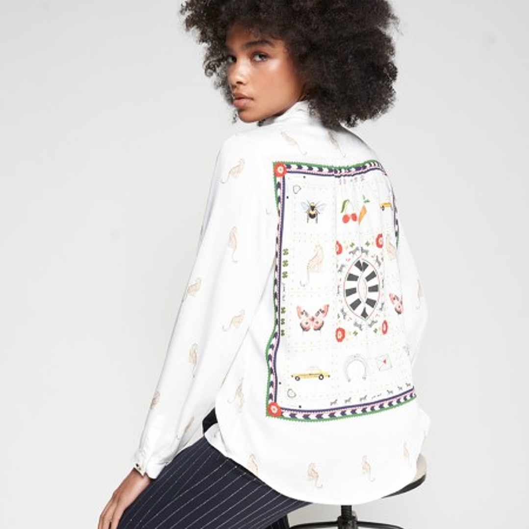 Equestrian print ruffled shirt back 2