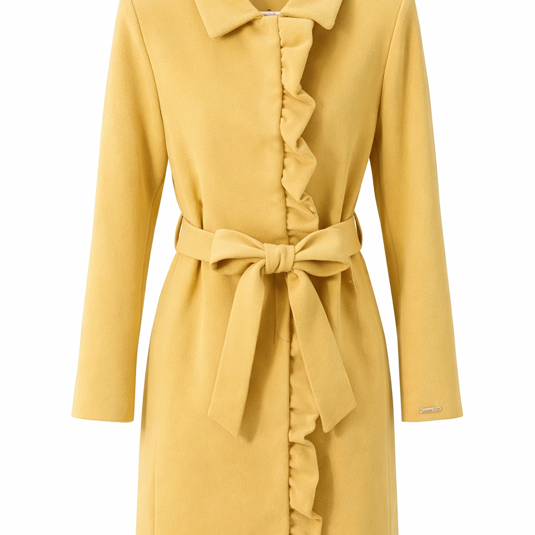 Casaco Cristina Barros amarelo mostarda com folho e cinto 1