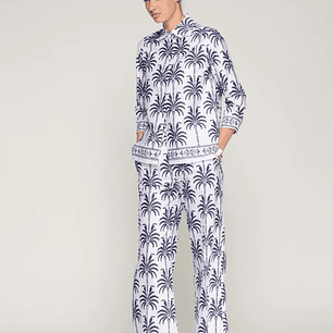 Calça direita pernas largas tucanos palmeiras