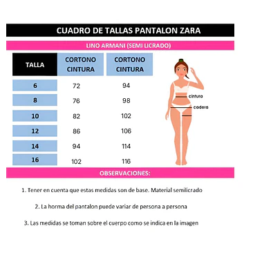 Pantalón Zara Lino Armani Tallas 6-8-10-12-14-16 17