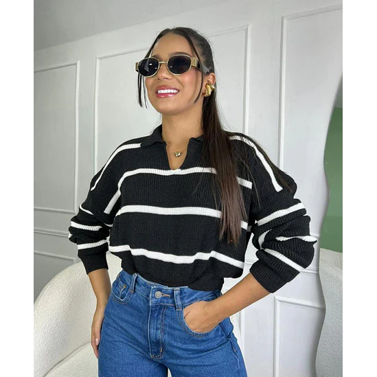 Cardigan Tipo Polo Rayado Talla Única  1