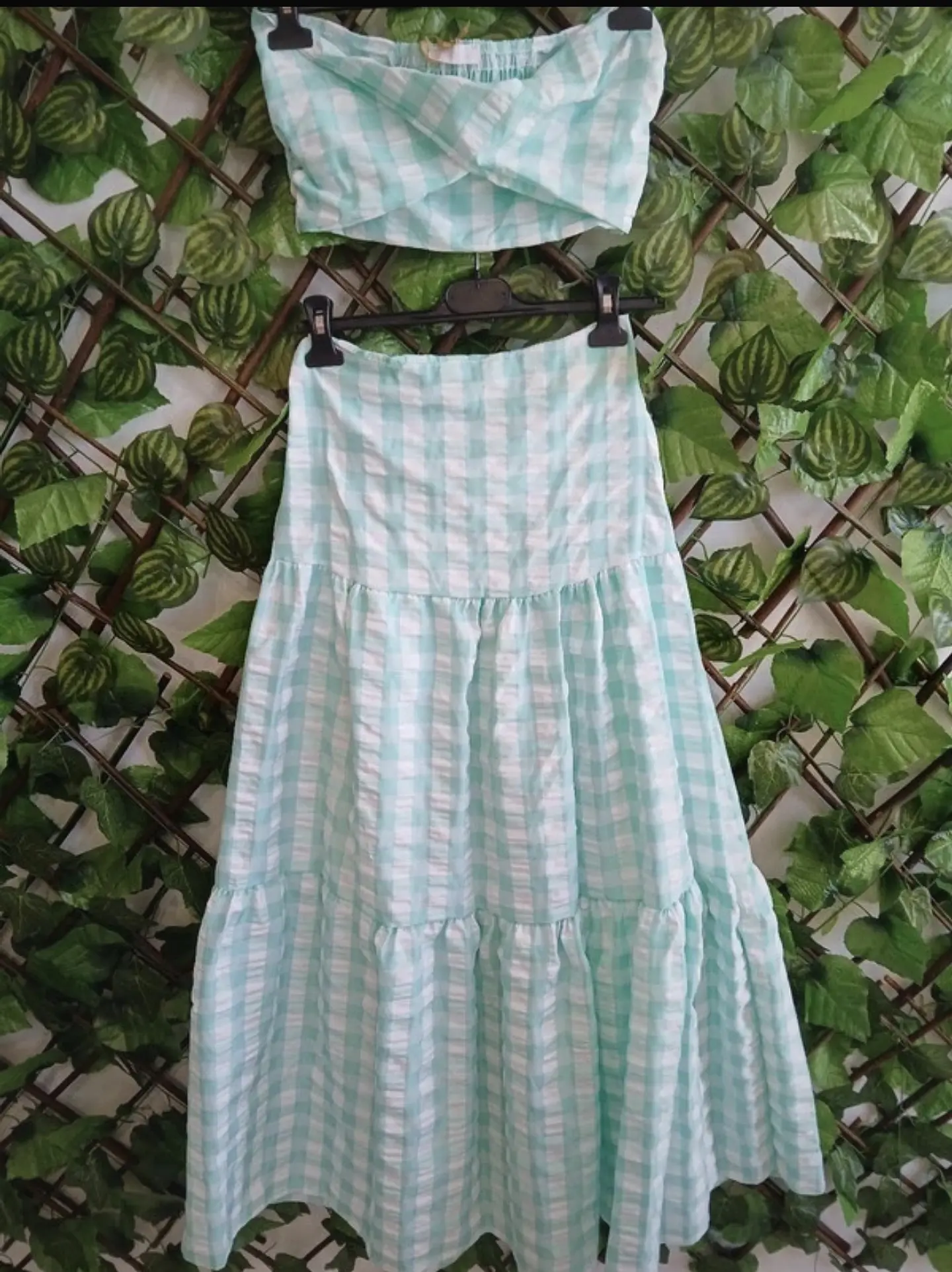Conjunto Xadrez Saia e Top Verde Agua  2