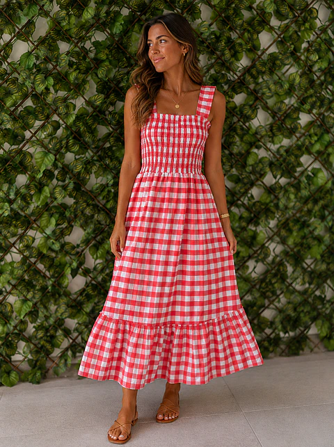 Vestido Comprido Xadrez Vermelho