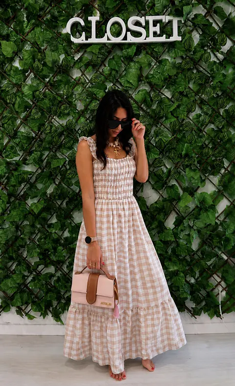Vestido Comprido Xadrez Bege