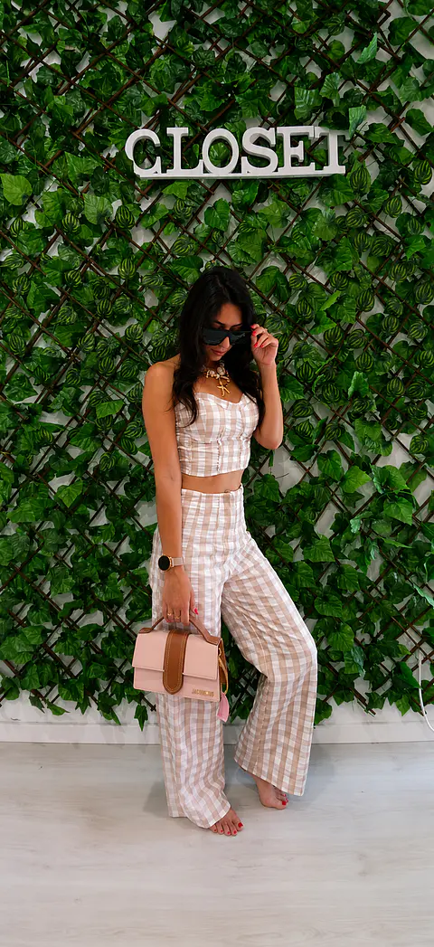 Conjunto Xadrez Bege (Top e Calças)