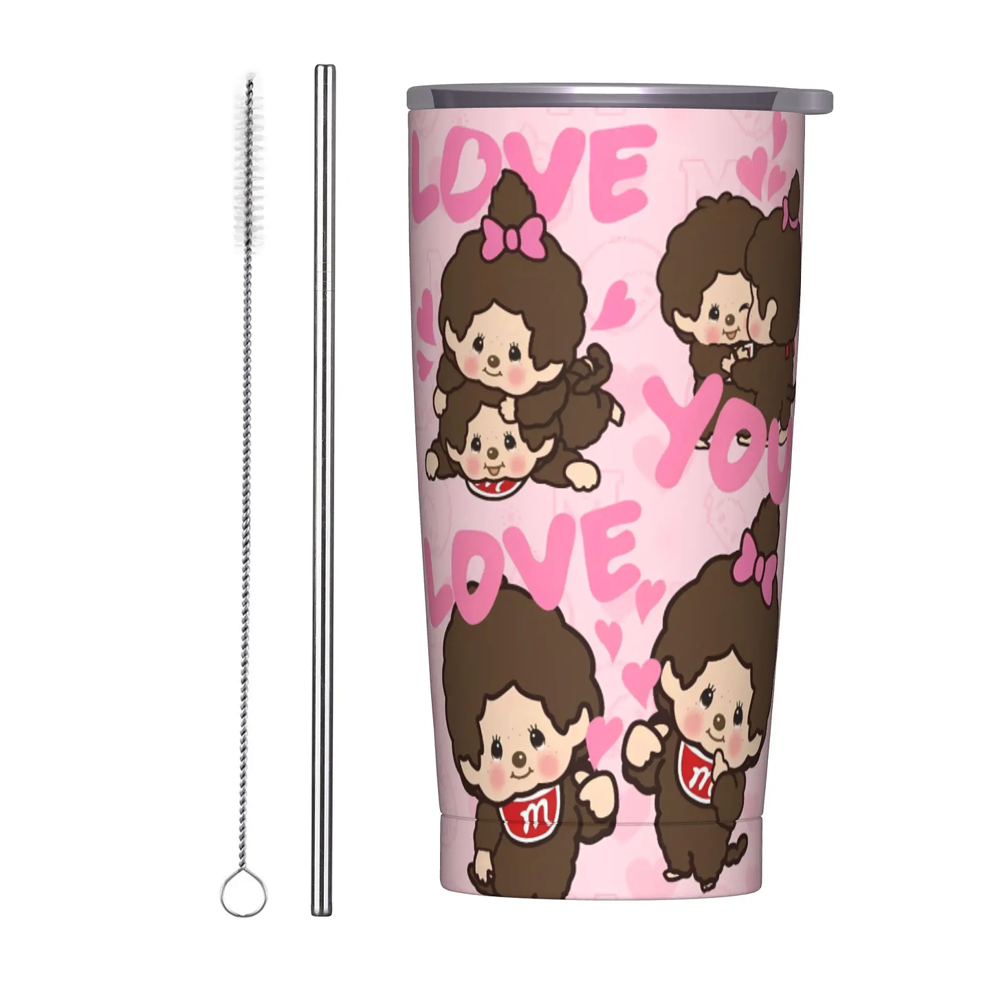 Lindo Monchichis Chimutan vaso de acero inoxidable taza de café para acampar con pajitas y tapa tazas de coche de 20oz botella de agua para bebidas frías 2