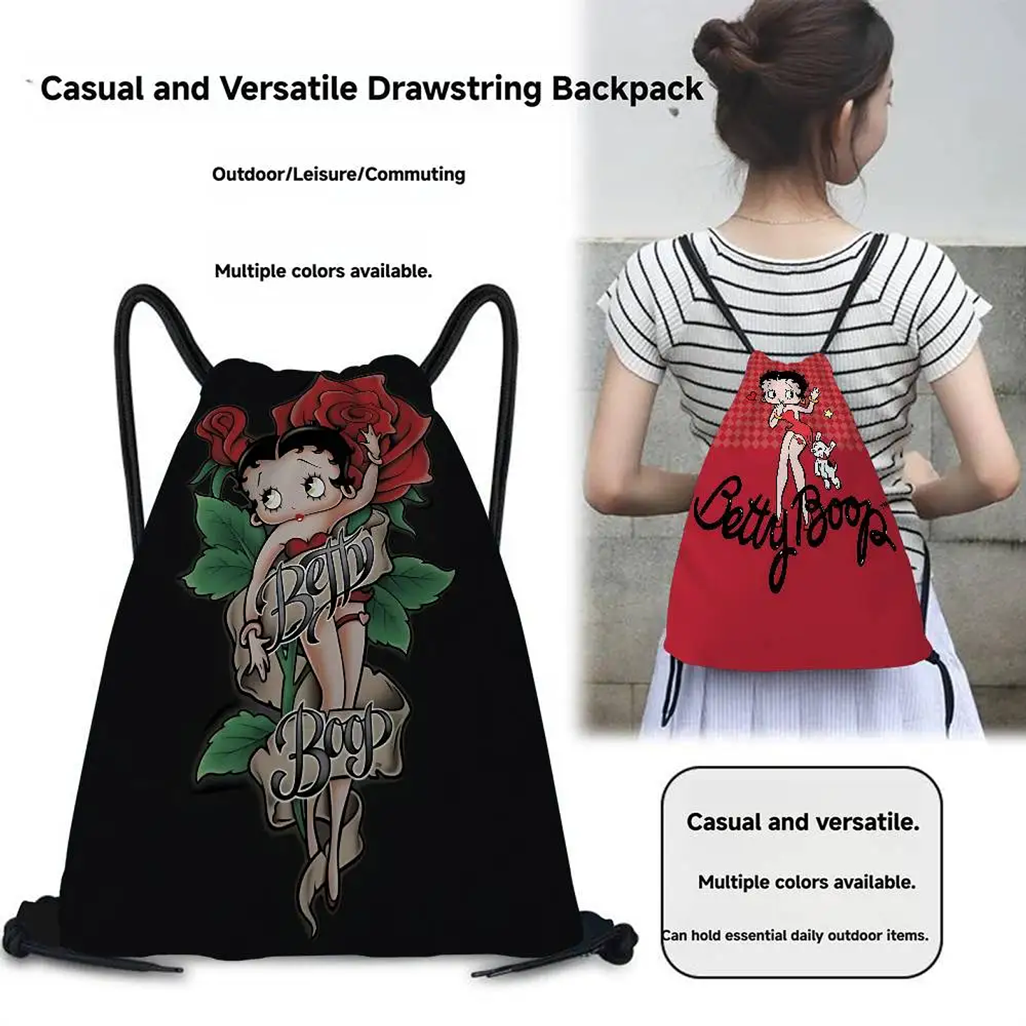 Popular bonito dibujo animado b-betty b-boop bolsas con cordón mochila deportiva mochila de gimnasio bolsa de cuerda resistente al agua para ciclismo 2