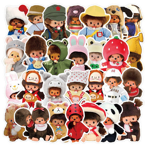 34 pegatinas impermeables Monchhichi de gran tamaño, divertidas y duraderas, para manualidades y proyectos de bricolaje