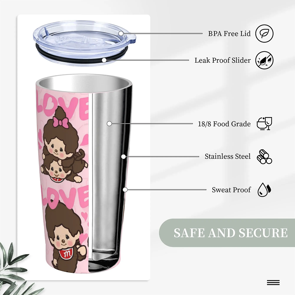 Lindo Monchichis Chimutan vaso de acero inoxidable taza de café para acampar con pajitas y tapa tazas de coche de 20oz botella de agua para bebidas frías 4